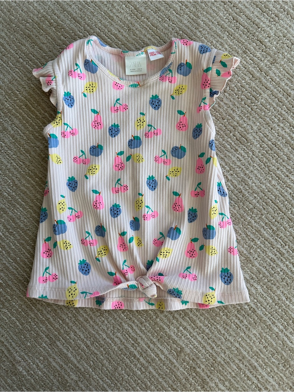Zara Pink Ribbed Fruit-Print Short Sleeve Tee with Front Knot